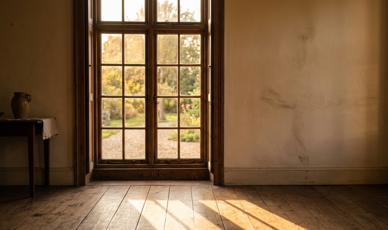 Tall window with golden afternoon light on worn wooden floors
