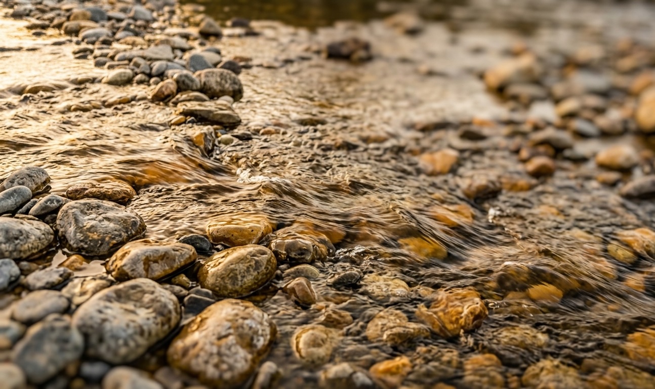 Three streams of water converging over smooth stones in golden light