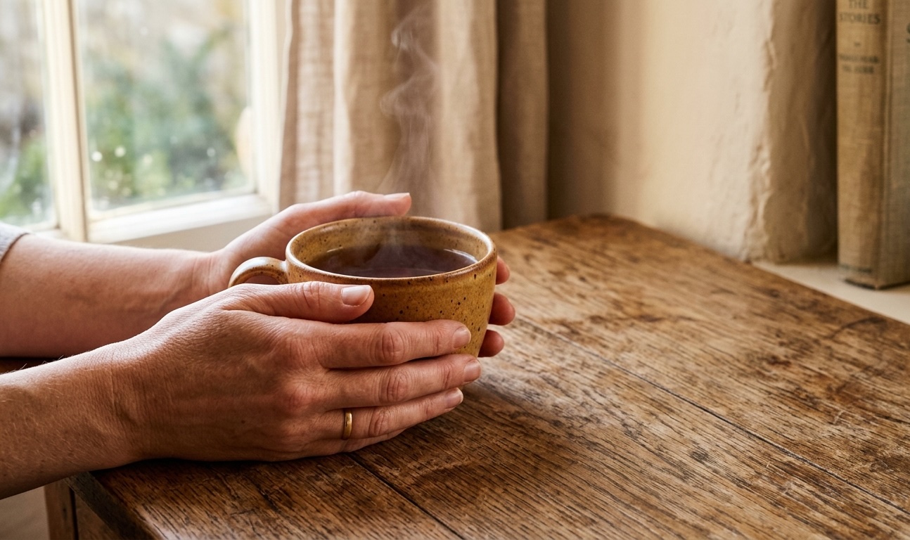 Hands cradling a warm ceramic mug on a wooden table