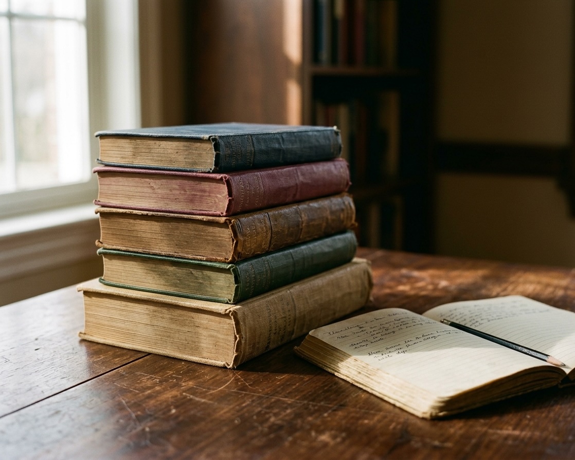 Stack of worn hardcover books beside an open journal