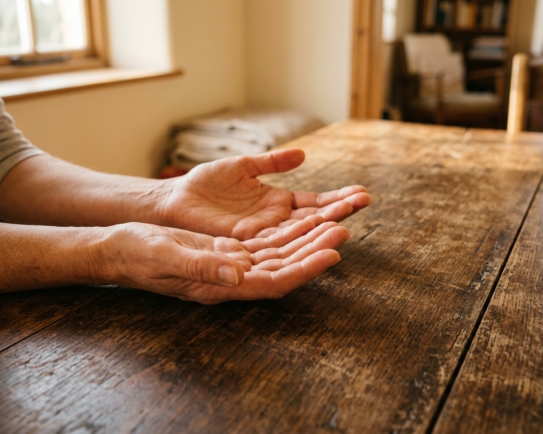 Open hands resting palm-up on a wooden table