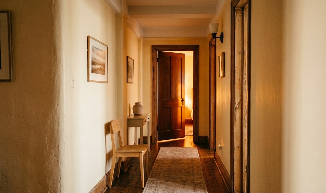 A warm hallway leading toward an open door with amber light beyond