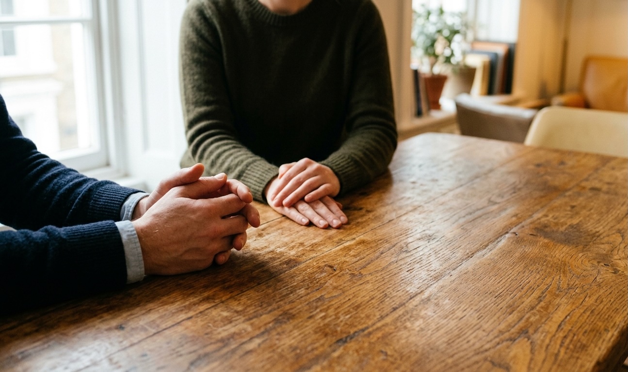 Two people seated across a wooden table, hands at rest in attentive conversation