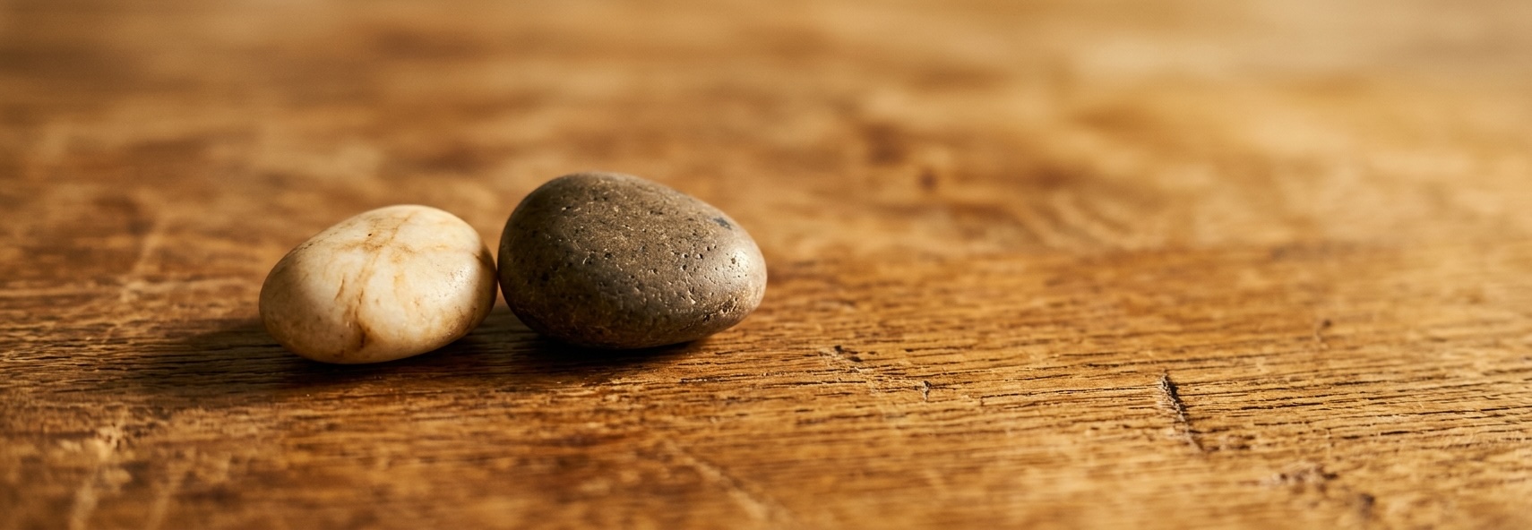 Two smooth stones resting side by side on a wooden surface