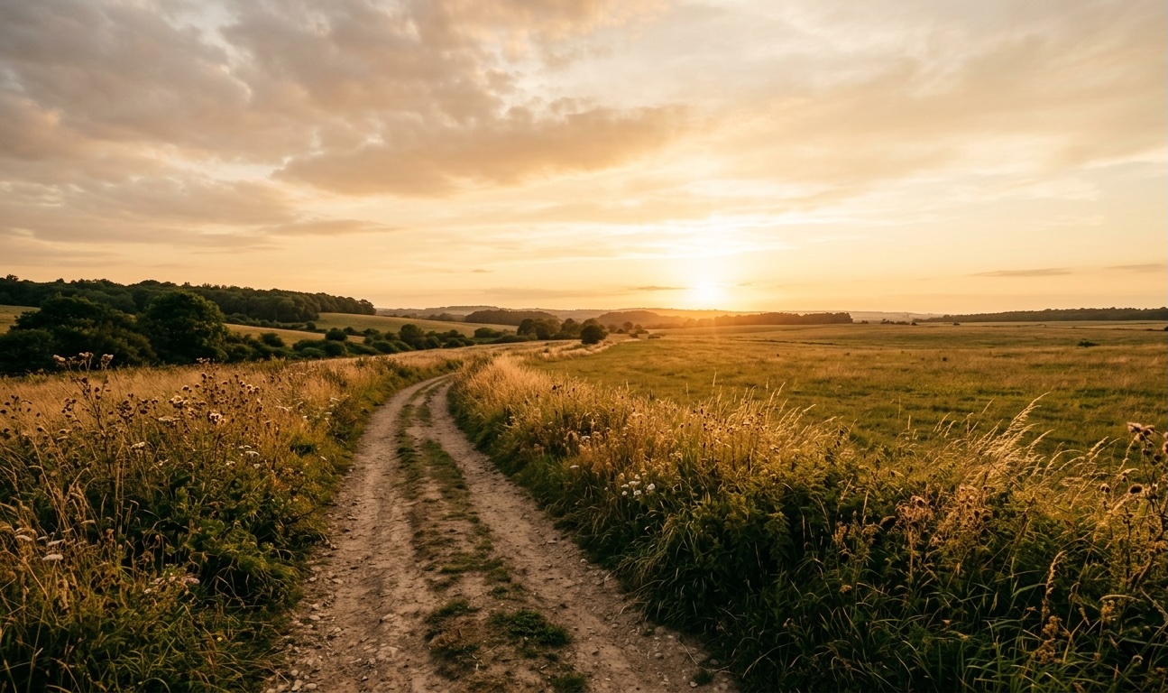 A quiet path through a golden field at sunset