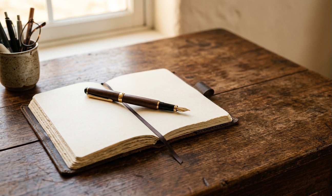 A fountain pen resting on an open journal in warm morning light