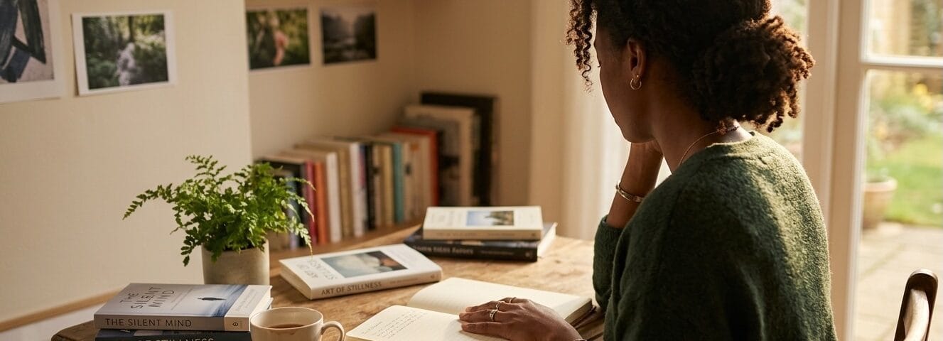 A woman sitting at a wooden desk with an open journal, cup of tea, and books, gazing thoughtfully toward a sunlit window in a warm, contemplative home space.