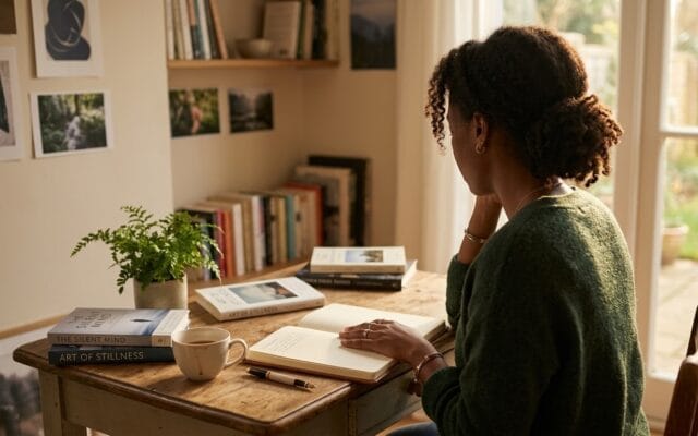 A woman sitting at a wooden desk with an open journal, cup of tea, and books, gazing thoughtfully toward a sunlit window in a warm, contemplative home space.