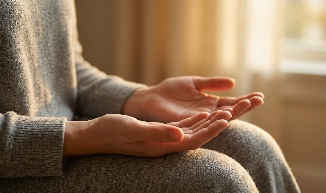 Person's hands resting open and still in their lap near a sunlit window, representing the quiet invitation to trust your own interior knowing.