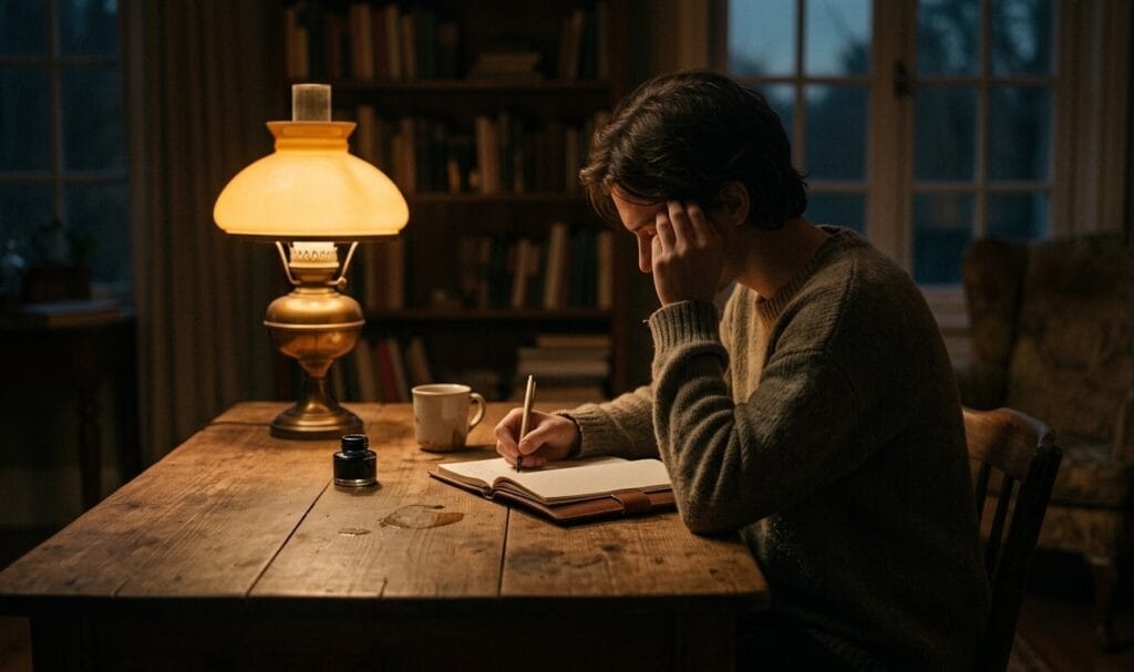 A person sitting alone at a wooden table writing in a journal under warm lamplight, reflecting the experience of filtering your own interior life through others' frameworks.