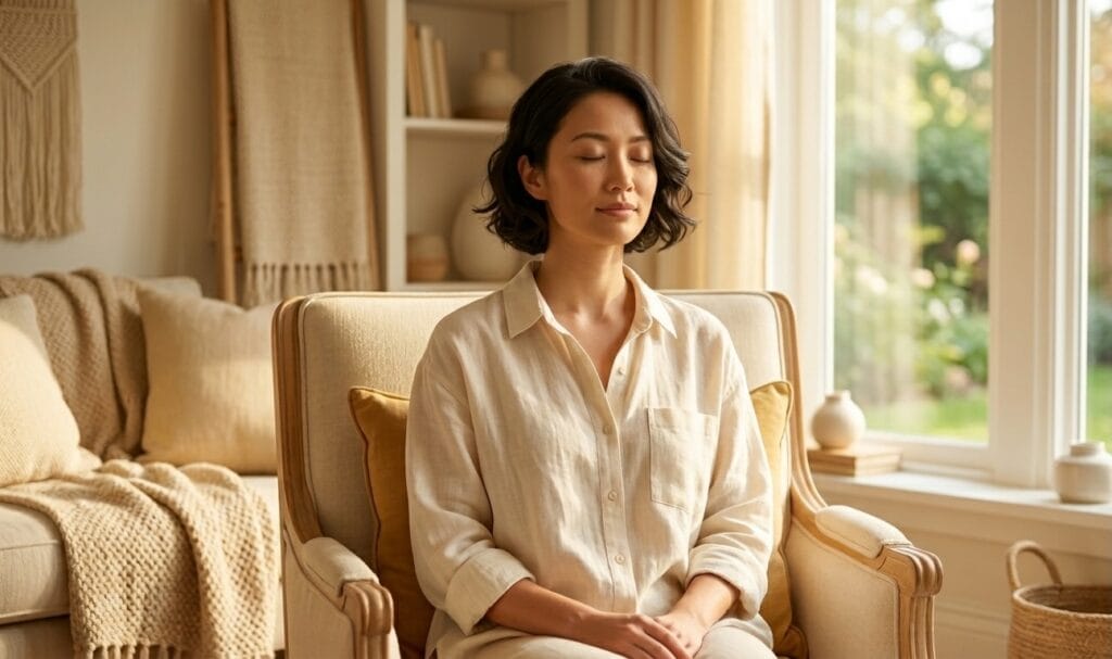 A person sitting upright with relaxed shoulders and a calm, settled expression, representing the moment of relocating authority back within yourself.