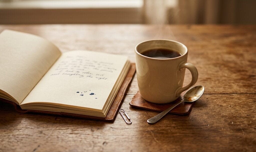 An open journal with handwritten notes beside a cup of tea on a wooden surface in morning light, illustrating the First Knowing practice for trusting your spiritual instincts.