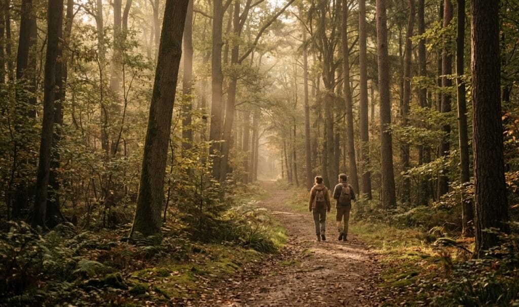 Soft morning light filtering through tall trees on a quiet forest path, representing the journey of trusting your interior life without losing your faith.