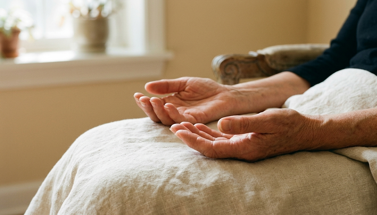 Two hands rest open and still in a lap, palms facing upward, caught in warm natural light from one side.