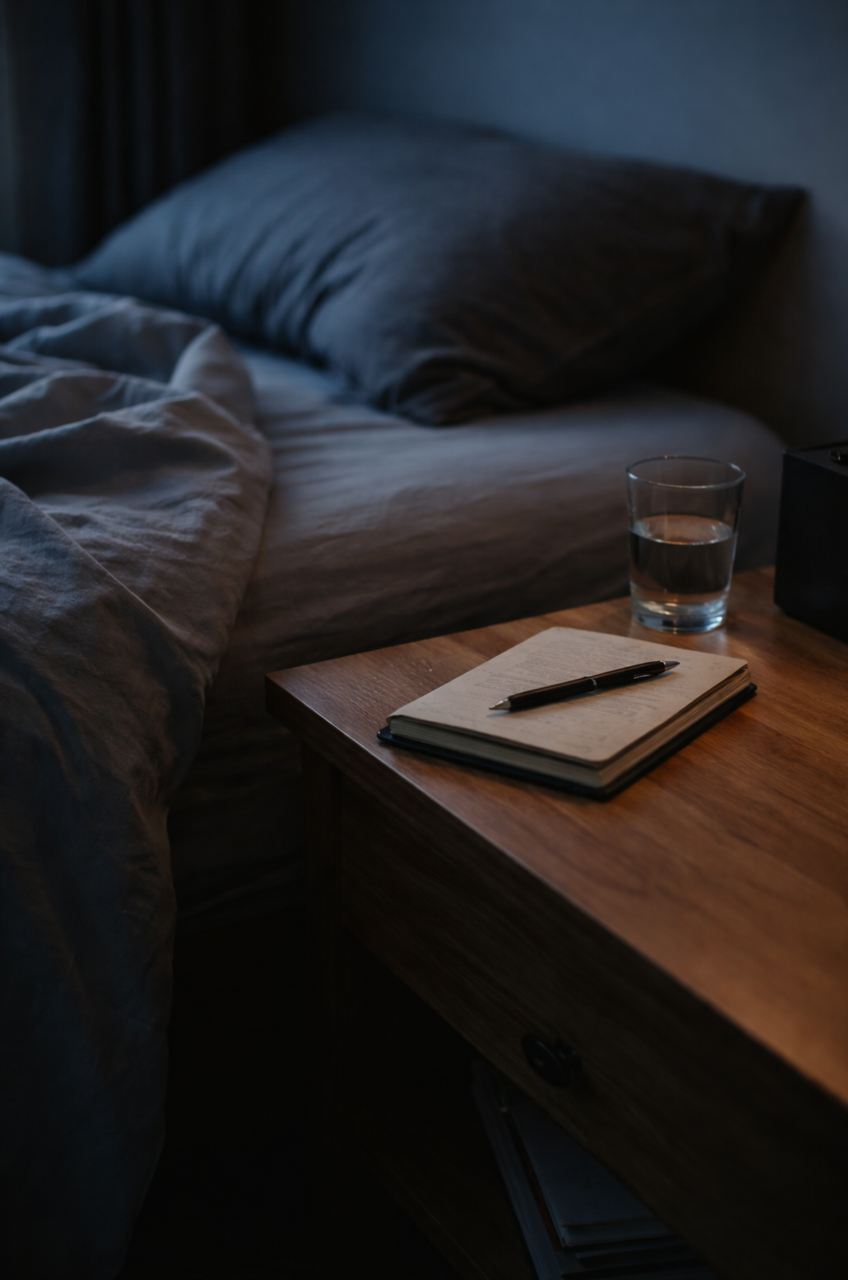 Bedside table with journal, pen, and glass of water beside an unmade bed at night, symbolizing grief, dream journaling, and spiritual reflection during loss.