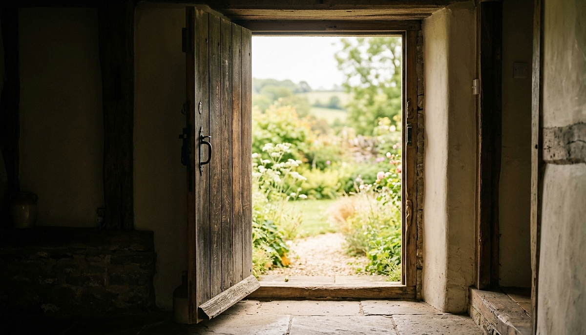 An aged wooden door stands open from a dim stone interior, looking out onto a sunlit garden path and open countryside beyond.