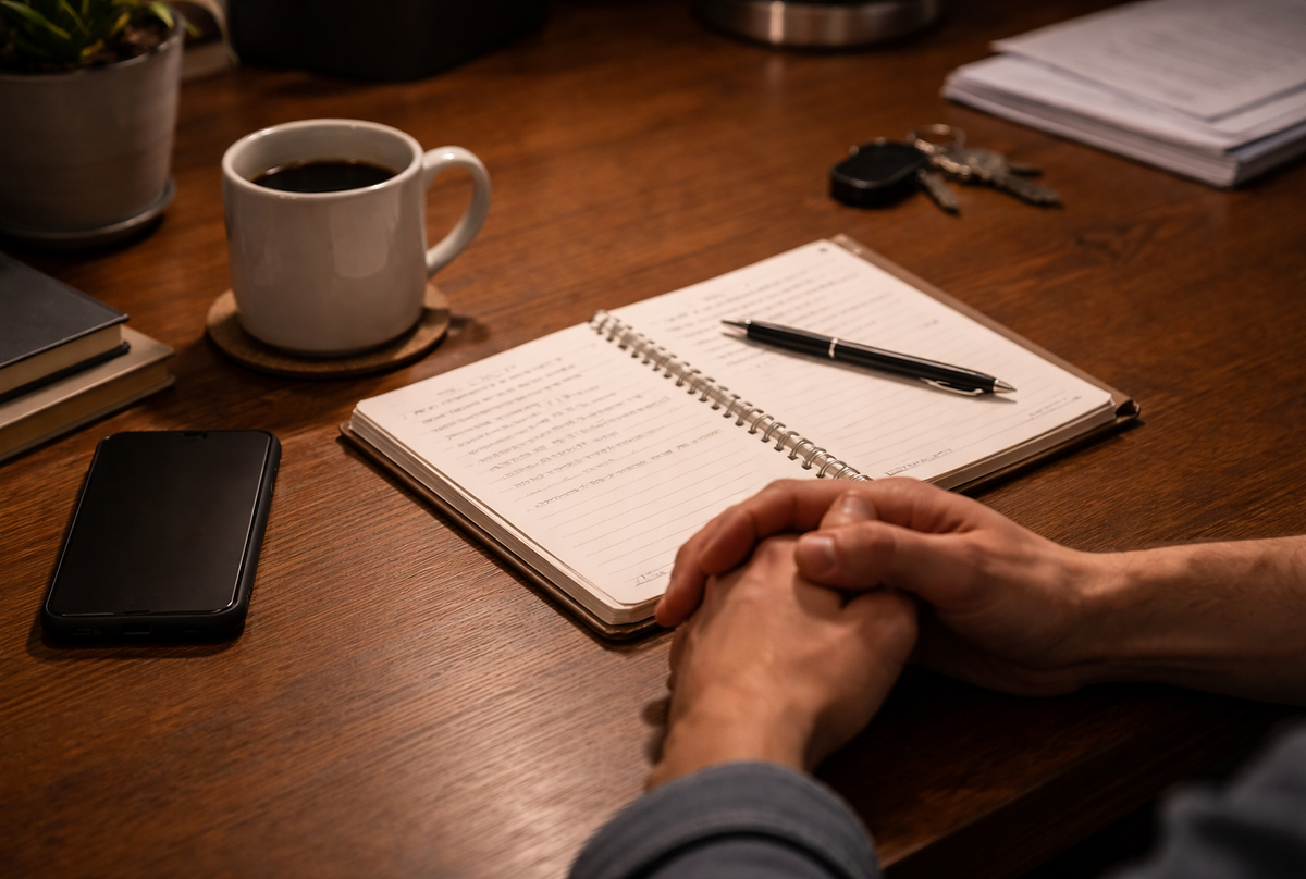 Hands resting on a desk beside a journal, coffee mug, and phone, capturing a quiet moment of reflection after a demanding day of responsibility.

