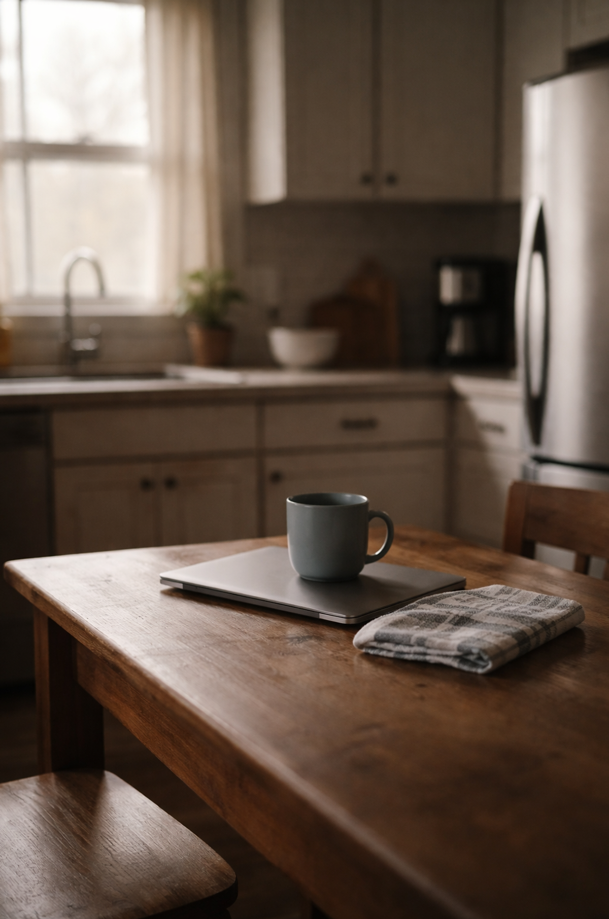 Quiet morning kitchen with a coffee mug resting on a closed laptop on a wooden table, soft natural light entering the room