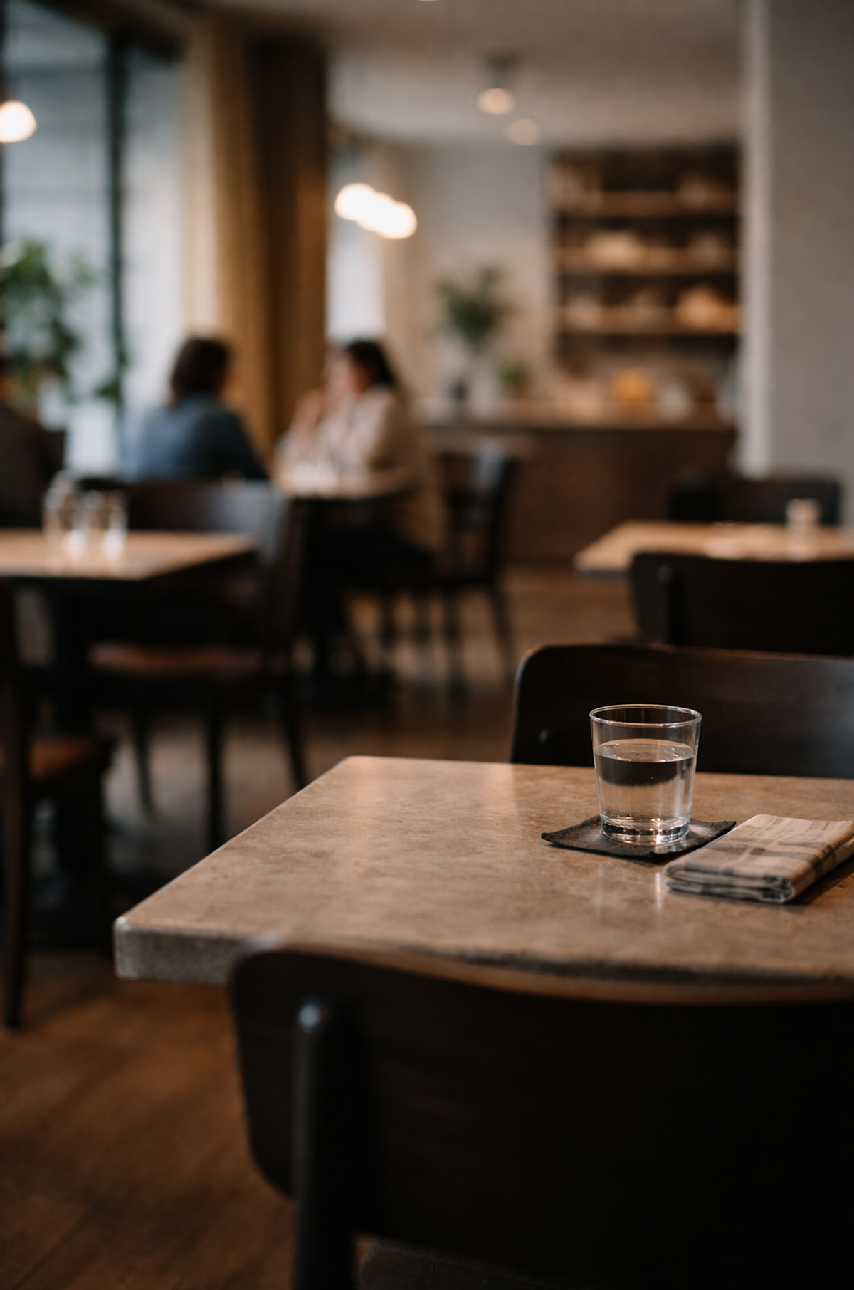 A quiet café table with a single glass of water in focus, while two people talk indistinctly in the background, evoking the feeling of being present yet inwardly detached.