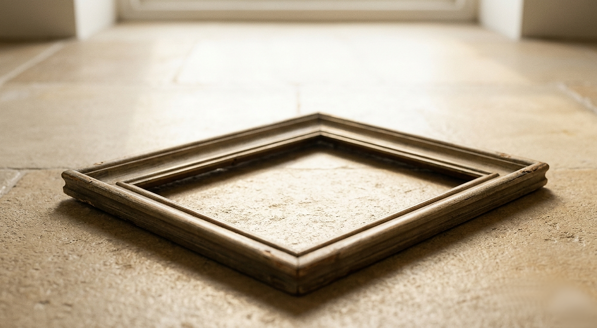 An empty picture frame on the floor, allowing light through, a symbol of exiting old frameworks for a wider, more lively world.