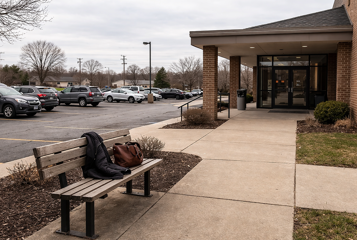 A coat and bag left alone on a bench outside a church entrance on a gray winter day — the quiet weight of showing up when faith no longer fits