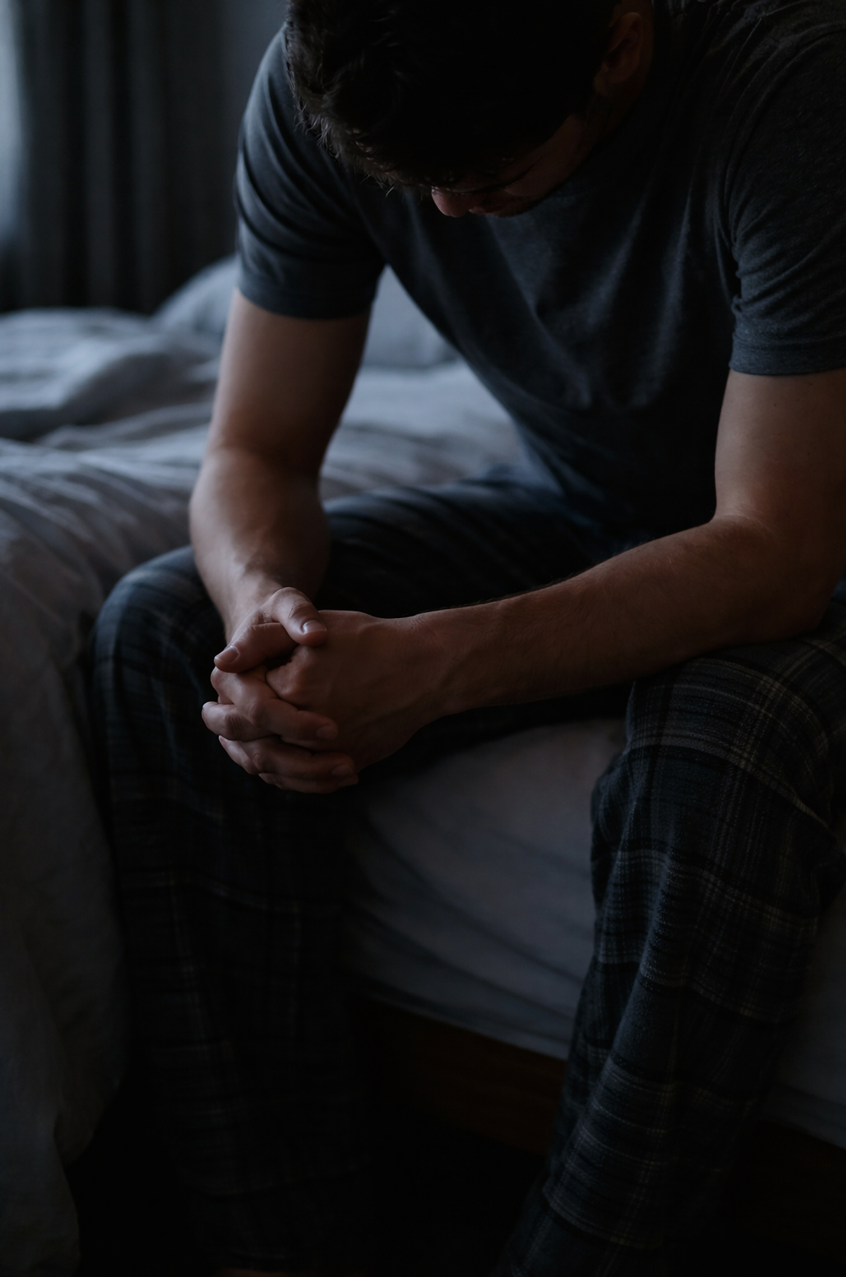 Person sitting on edge of bed in the dark with head bowed and hands clasped, expressing grief, emotional overwhelm, and processing a painful dream after loss.