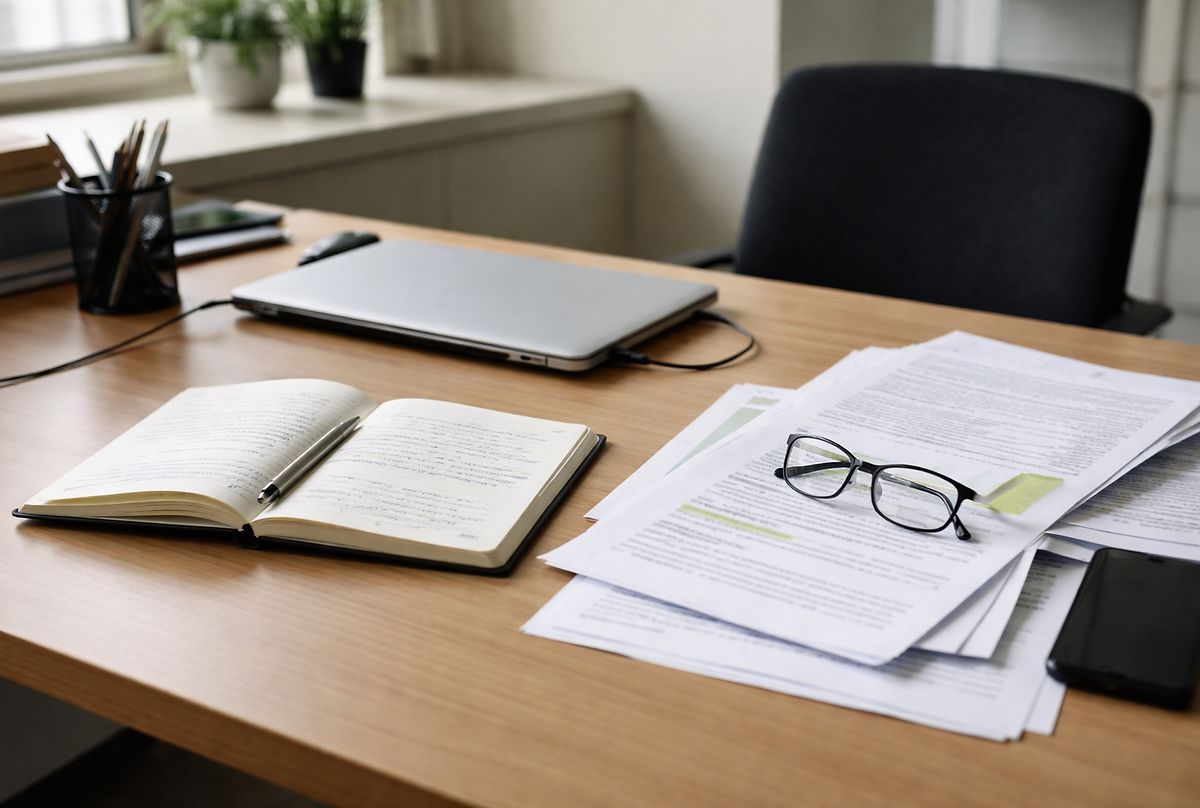 Workspace with open journal, annotated documents, laptop, and glasses representing spiritual discernment, interior authority, and integration work for high-responsibility leaders questioning spiritual submission and institutional faith.