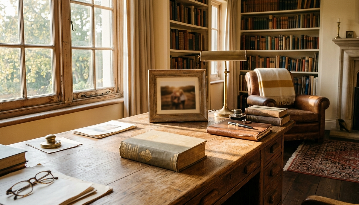 Soft morning light falls across a worn wooden desk inside a quiet, familiar room, illuminating it as if seen for the first time.