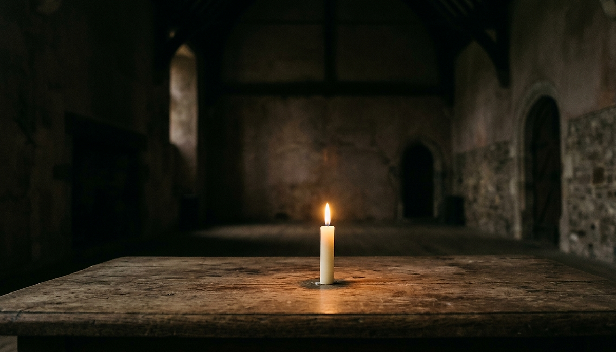 A single candle burns steadily on a worn wooden table inside a large, dark stone hall, its small flame the only light in the room.