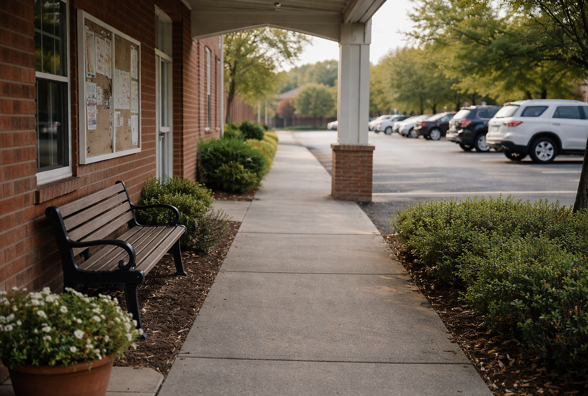 An empty bench along a church sidewalk in quiet morning light — the space between belonging and becoming, where spiritual self-trust begins to grow