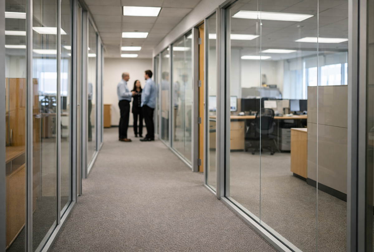 Glass-walled corporate office hallway with professionals in conversation, illustrating the tension between leadership roles, institutional Christianity, spiritual submission, and the search for authentic faith integration.