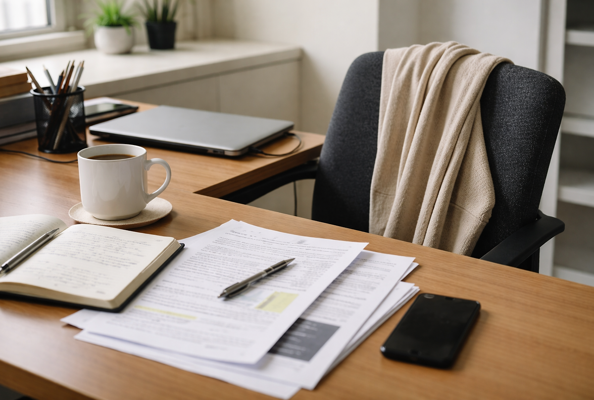 Quiet office desk with coffee, handwritten journal, printed notes, and laptop symbolizing spiritual direction, faith deconstruction, and recovery from spiritual burnout for professionals reclaiming interior authority without abandoning God.