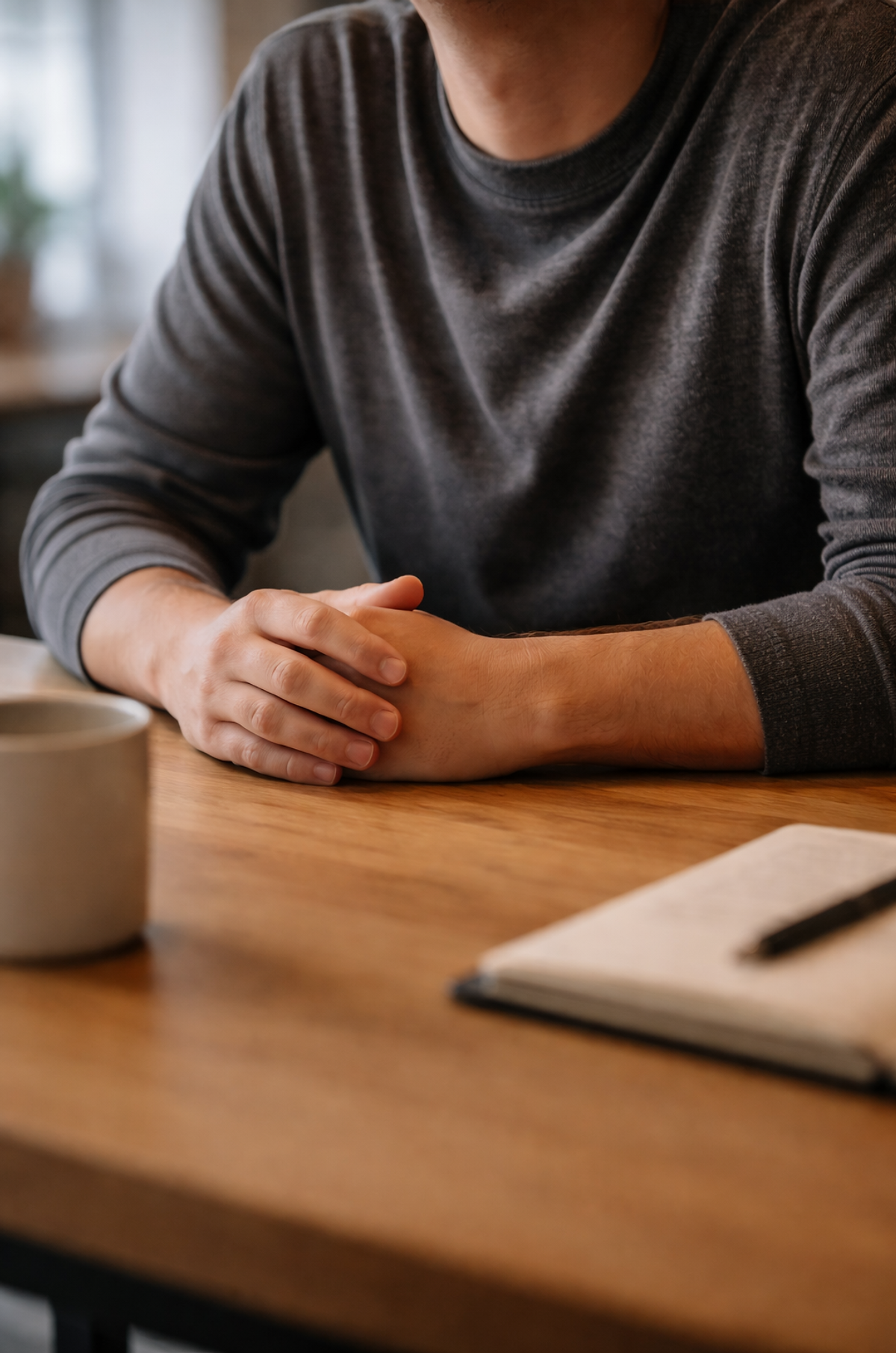 A person sitting at a table with hands folded beside a notebook and coffee, pausing in the middle of a busy day to reflect and reconnect with what they are feeling.