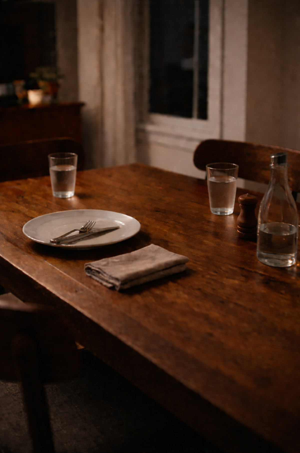 A wooden dining table set with a single plate and two glasses of water in evening light, conveying solitude, routine, and the quiet questions that linger after a long day.