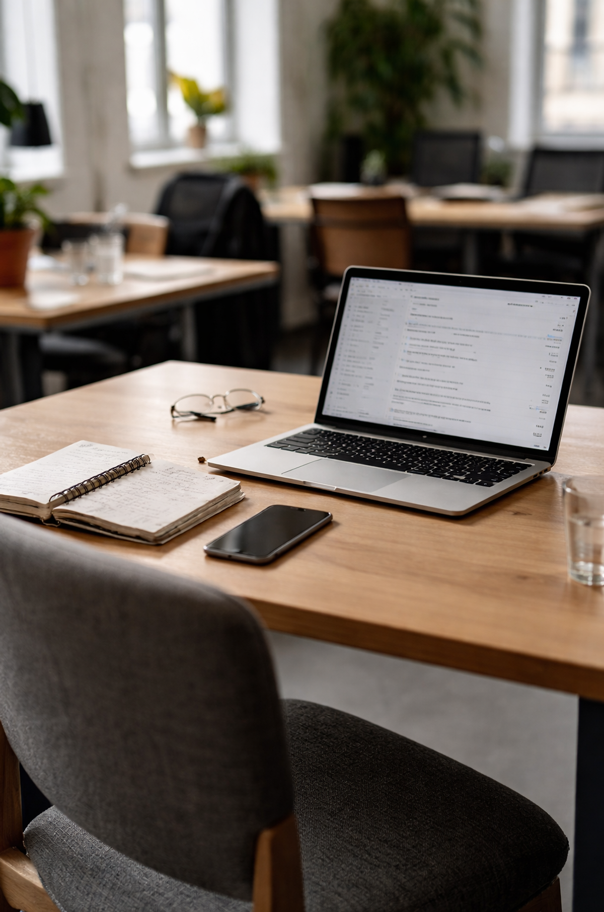 A quiet workspace with a laptop, handwritten notebook, and phone on a wooden desk, reflecting the tension of constant work and the desire to slow down and regain focus.