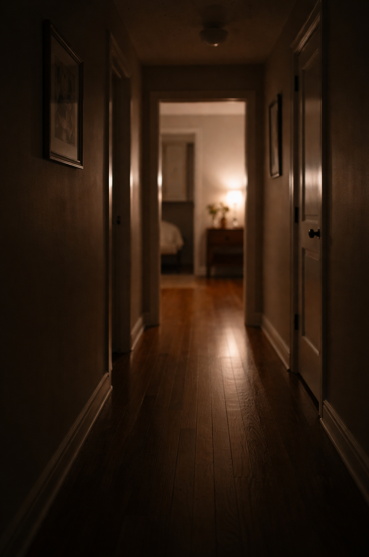 Dimly lit hallway inside a home with wooden floors and soft light at the far end, suggesting a quiet transition space