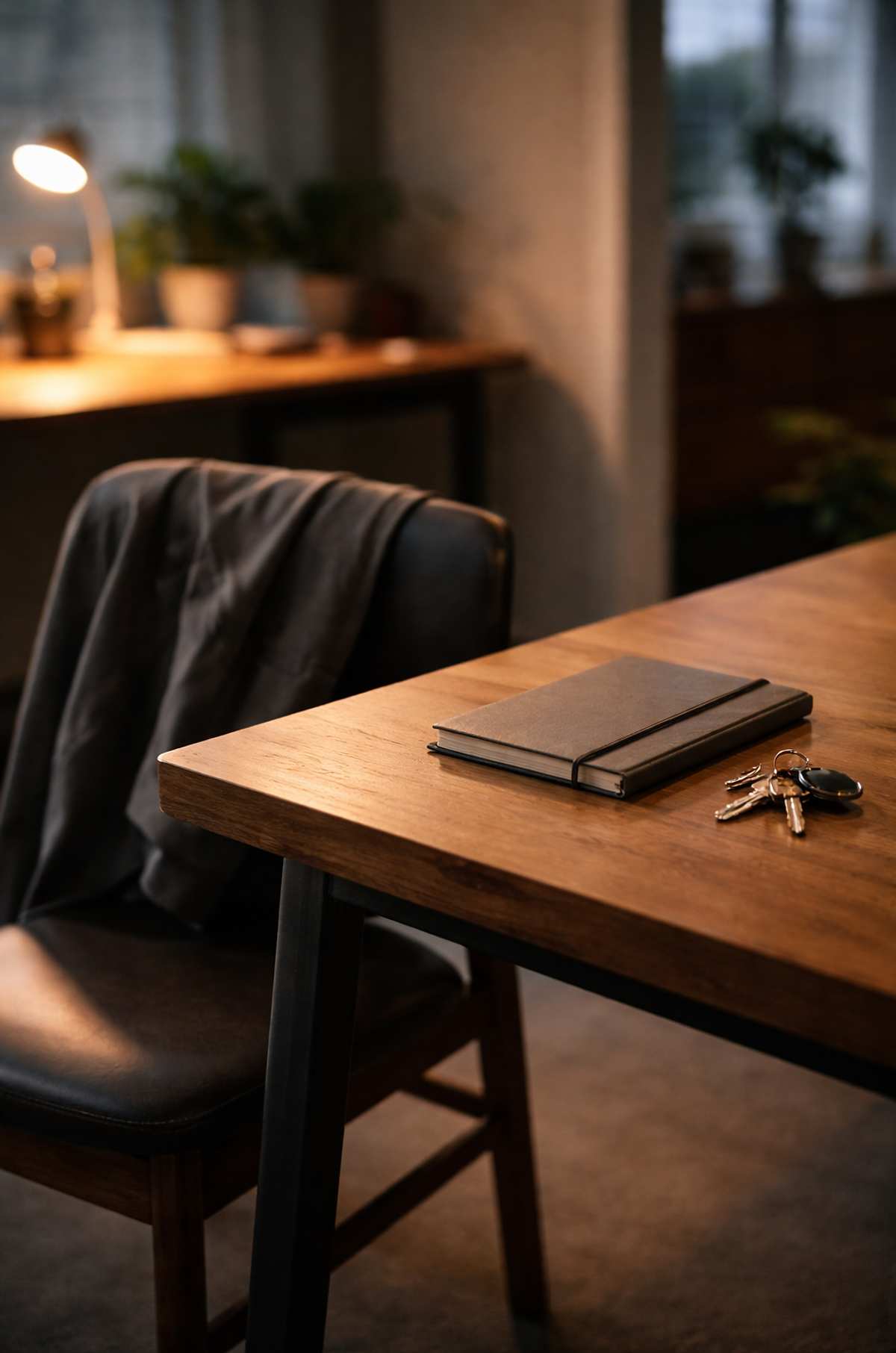 An empty chair at a wooden table with a notebook and keys, symbolizing a moment of stillness after a long day and the cost of constant urgency.