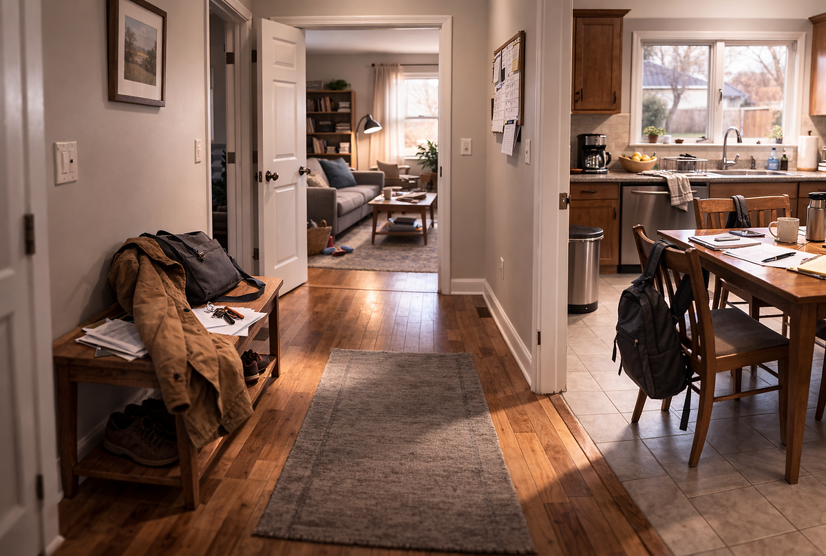 View through a home hallway into kitchen and living room, ordinary space where daily decisions and spiritual discernment unfold.