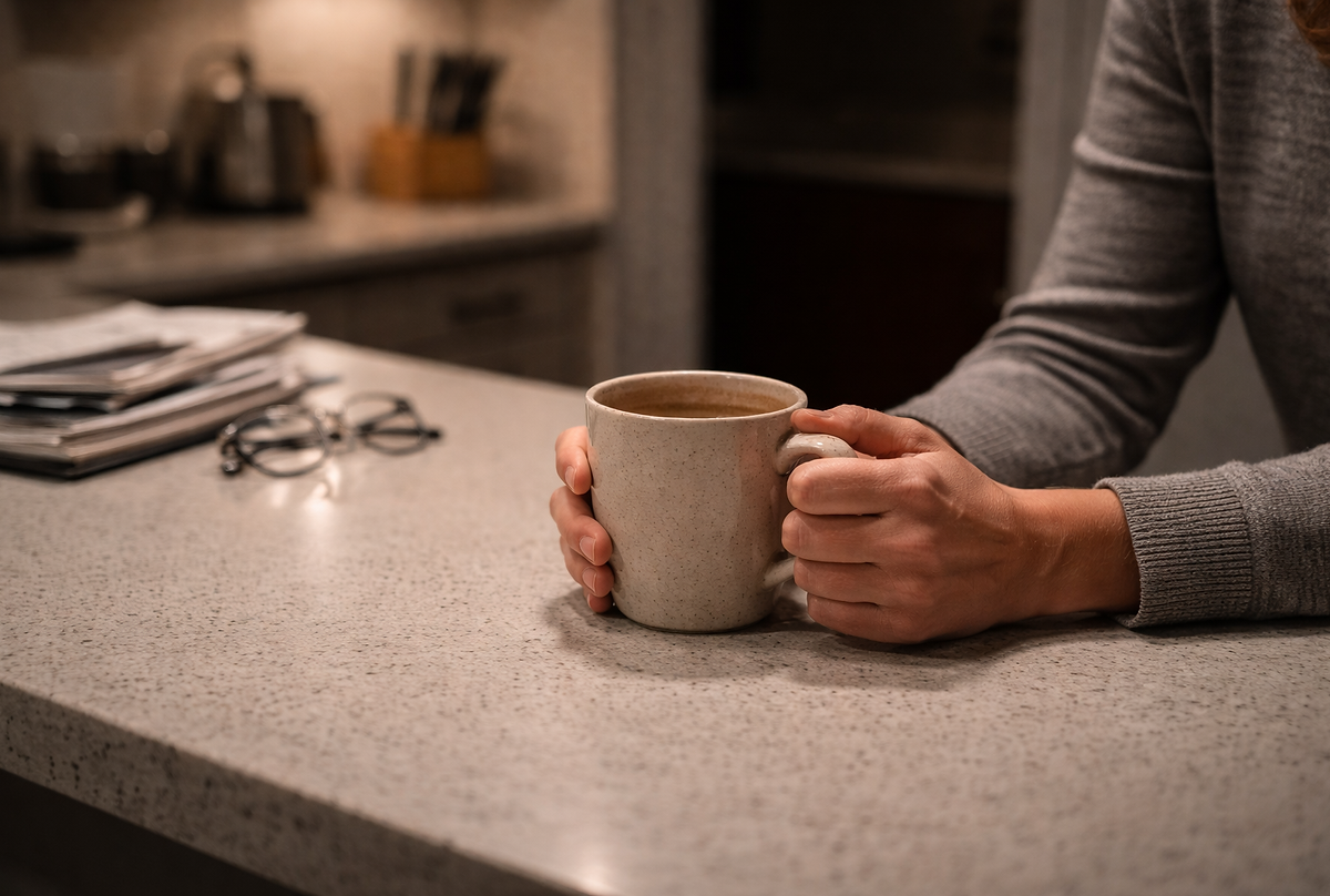 Person holding a warm mug at a kitchen counter, reflecting quietly during a moment of spiritual discernment and inner conflict.