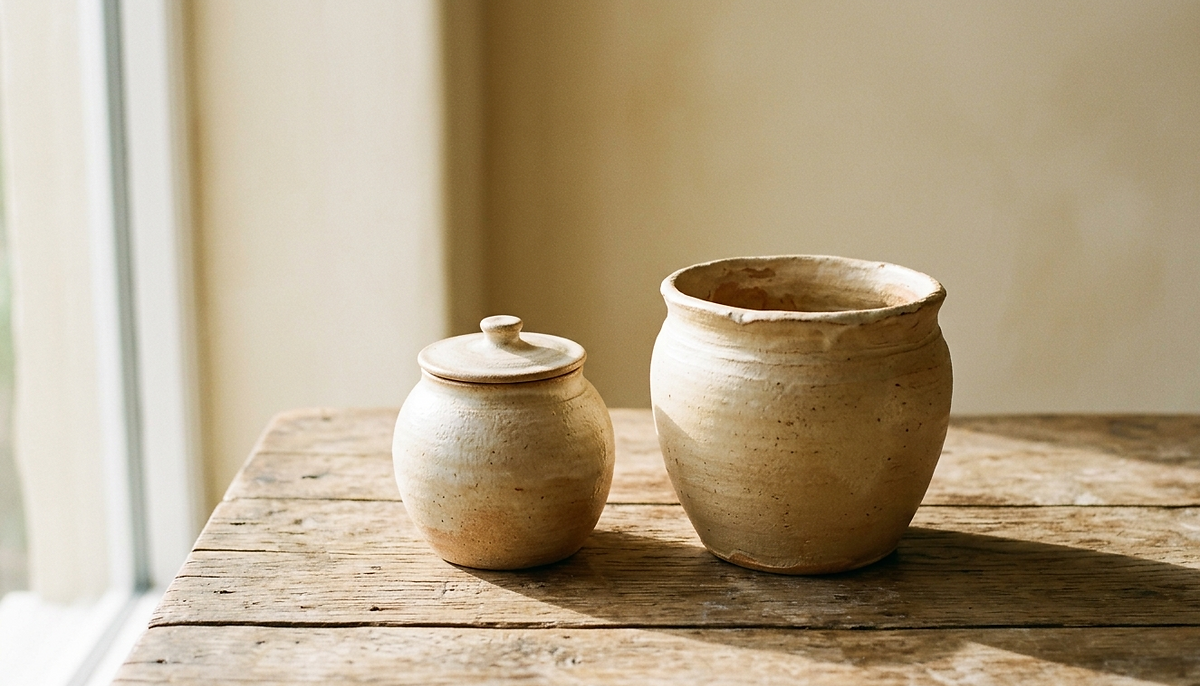 Two ceramic vessels rest side by side on a wooden surface — one small and closed, one larger and open — both held in the same warm, even light.