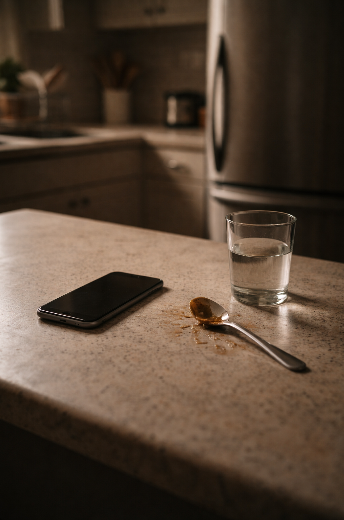 Smartphone face down on a kitchen counter beside a half-full glass of water and a spoon, evening light in a calm home setting