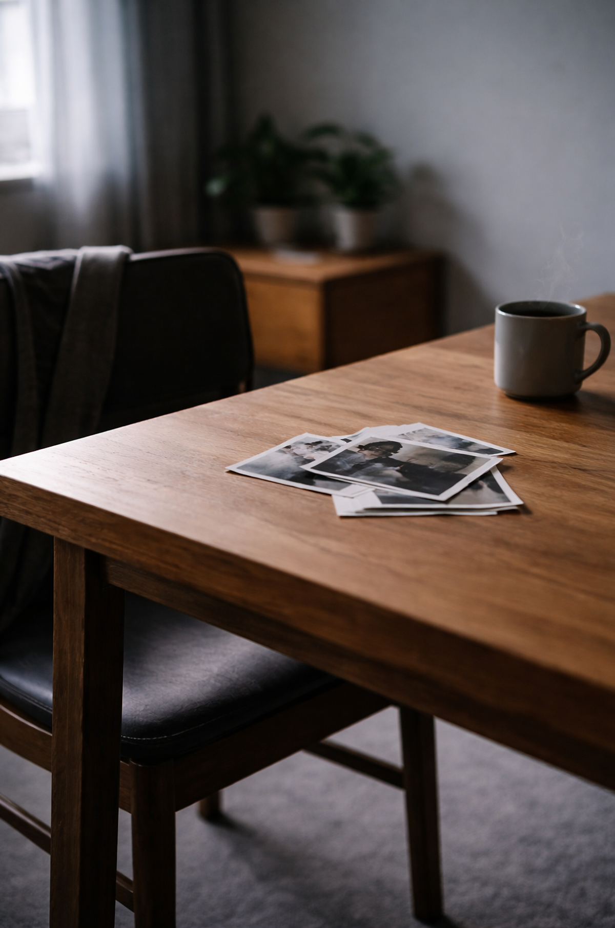 Wooden table with old photographs and a warm cup of coffee, representing memory, mourning, gratitude, and symbolic dream work in seasons of grief.