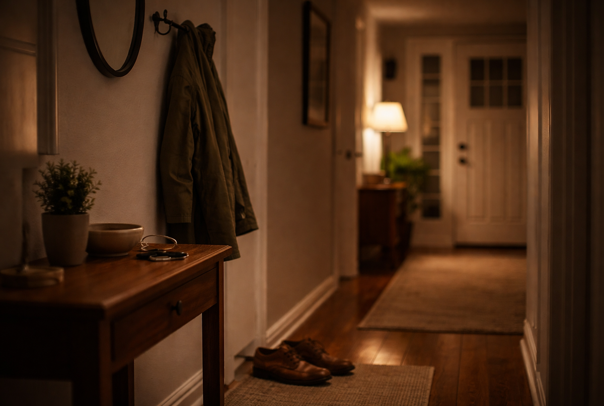 Quiet home hallway at night with coat hanging on the wall, shoes on the floor, and warm light from a lamp in the background, suggesting the end of a long day and emotional exhaustion.