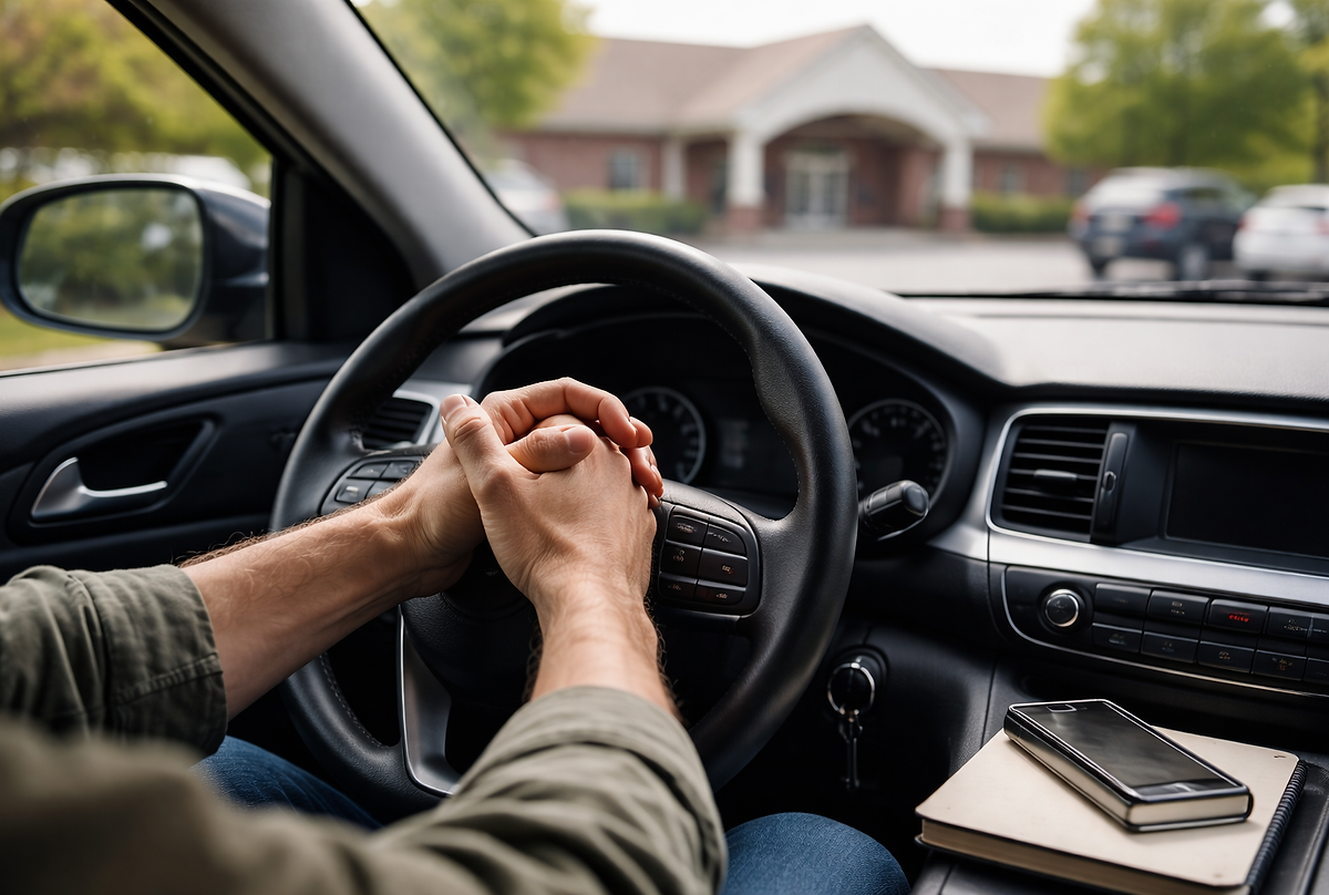 A person sitting alone in a parked car outside a church, hands clasped on the steering wheel — the moment before walking in when everything in you wants to stay outside
