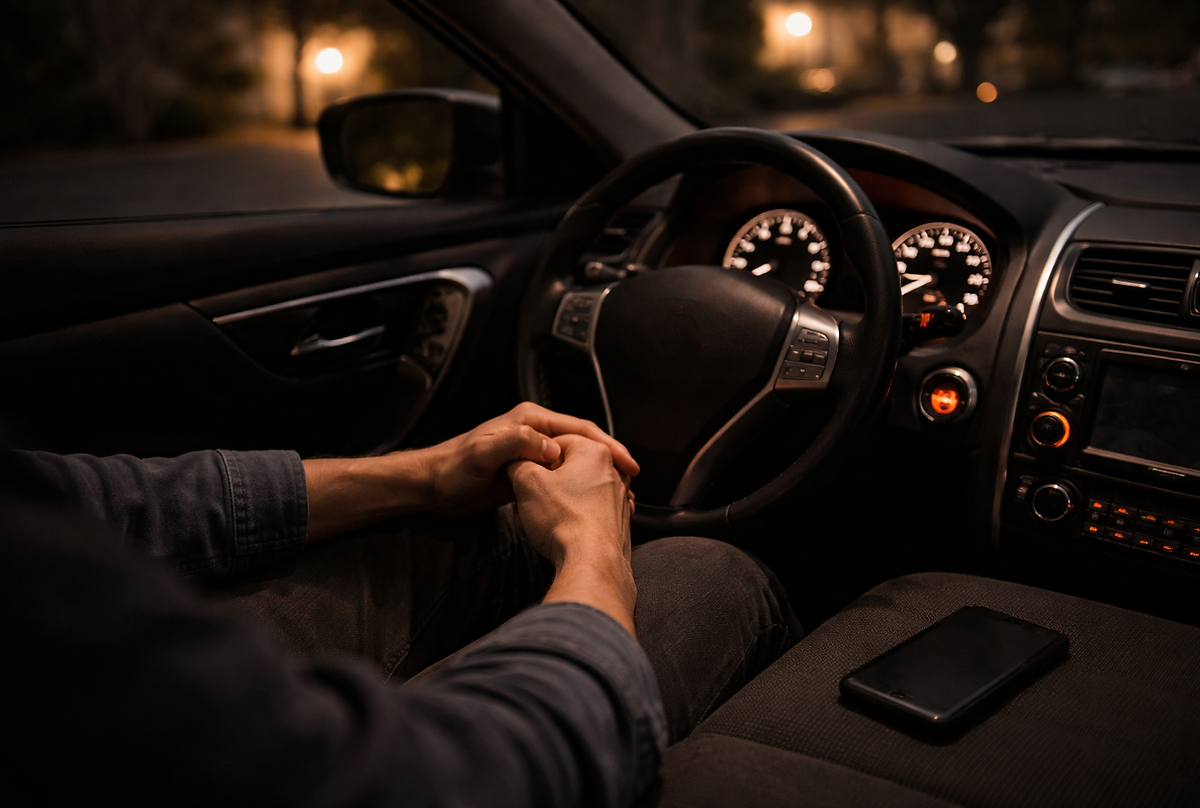 Person sitting in a parked car at night with hands clasped on the steering wheel and phone nearby, pausing in silence before going inside after a difficult day.