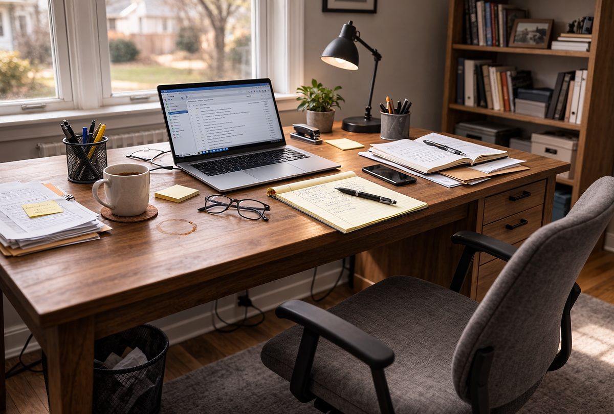 Home office desk with laptop, notes, and coffee—quiet workspace for reflection and spiritual discernment about inner voices.