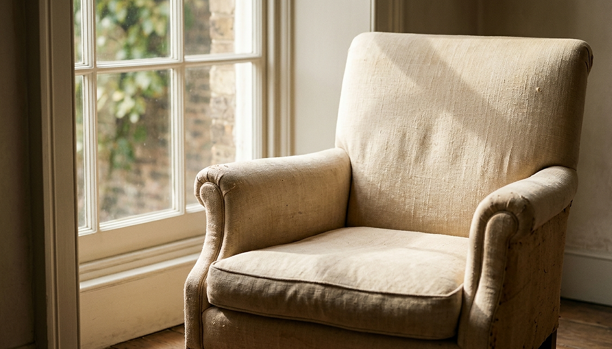 An empty armchair sits beside a tall window, soft morning light falling across the open seat and the floor beside it.