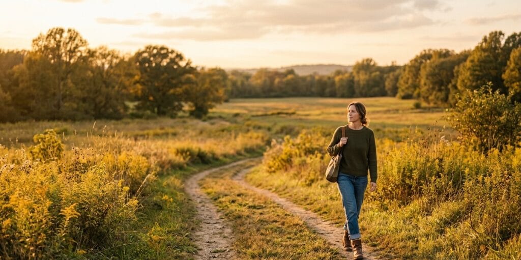 A person walking slowly along a quiet path in warm natural light, representing the possibility of being both effective and whole without dismantling what you have built.
