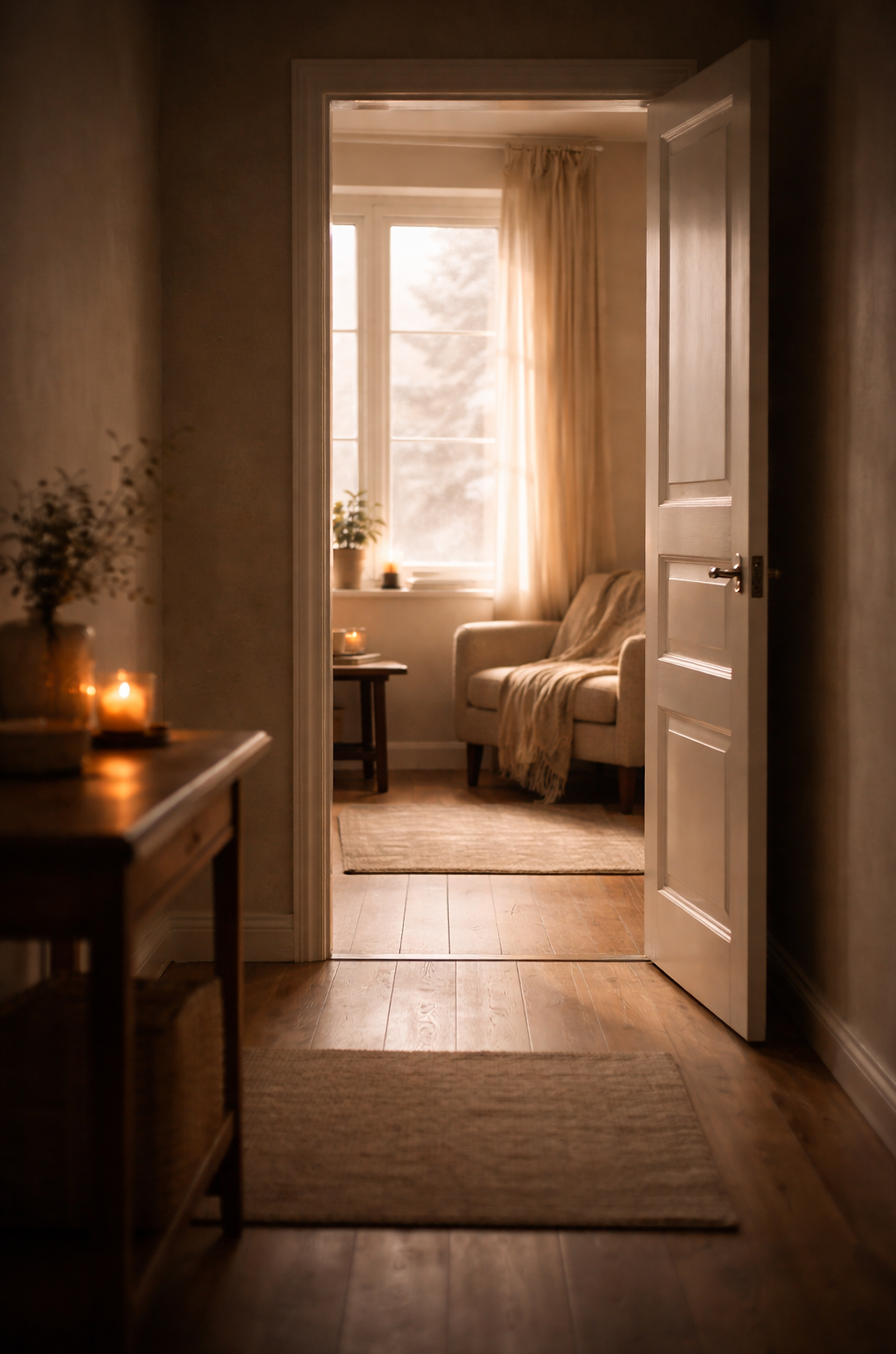 Softly lit interior doorway symbolizing reflection and transition during Christmas