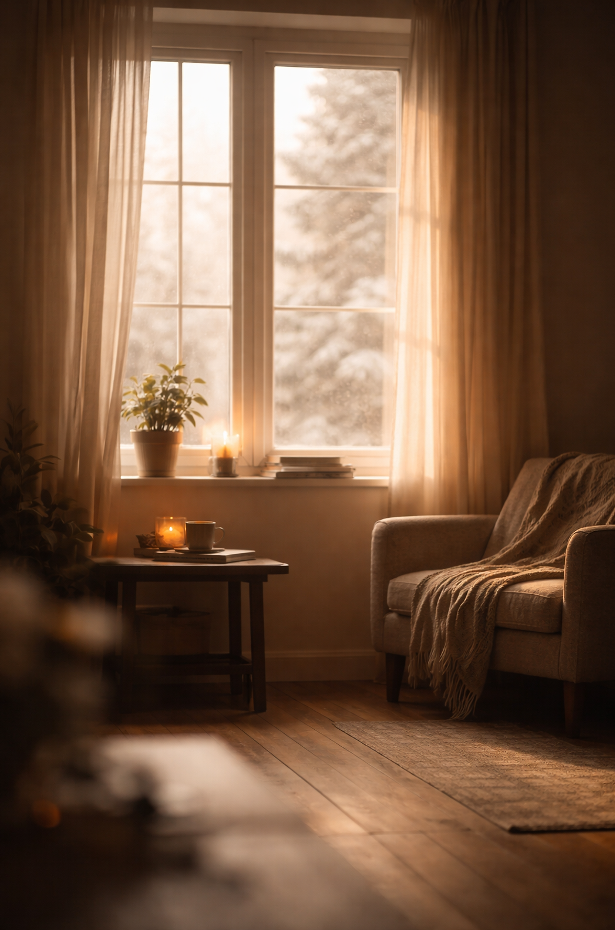 Soft winter light entering a quiet interior space, symbolizing emotional heaviness and reflection during Christmas.